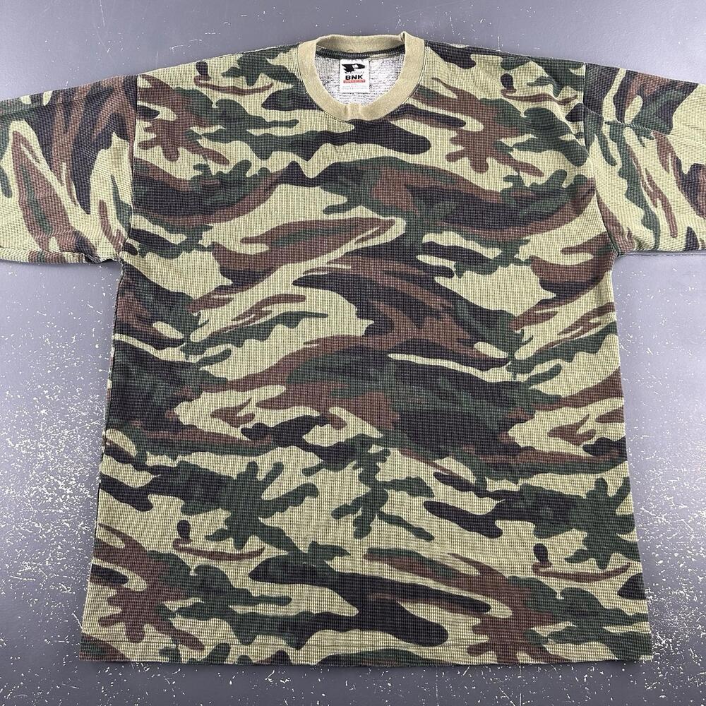 VTG Platinum BNK Thermal Shirt Men 2XL Green Woodland Camo Waffle Hunt Hike Y2K - Picture 2 of 9